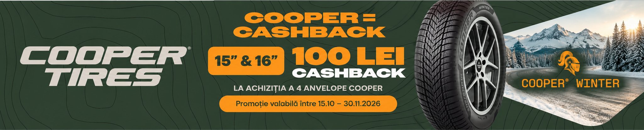 Cooper: 100 lei cashback la 4 anvelope de iarnă sau all season 15"-16", 15.10-30.11.2026